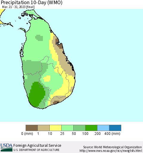 Sri Lanka Precipitation 10-Day (WMO) Thematic Map For 3/21/2023 - 3/31/2023