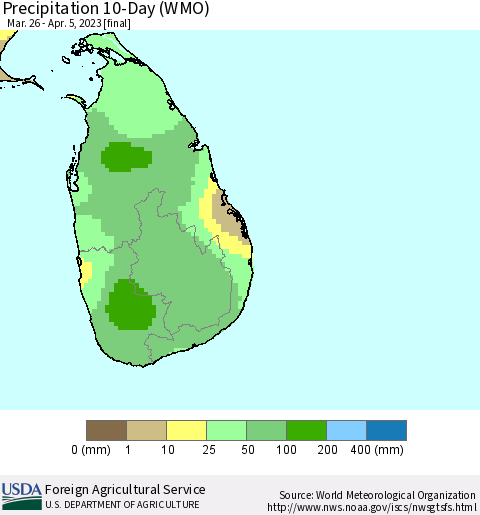 Sri Lanka Precipitation 10-Day (WMO) Thematic Map For 3/26/2023 - 4/5/2023