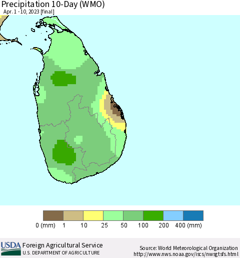 Sri Lanka Precipitation 10-Day (WMO) Thematic Map For 4/1/2023 - 4/10/2023