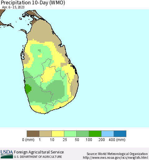 Sri Lanka Precipitation 10-Day (WMO) Thematic Map For 4/6/2023 - 4/15/2023