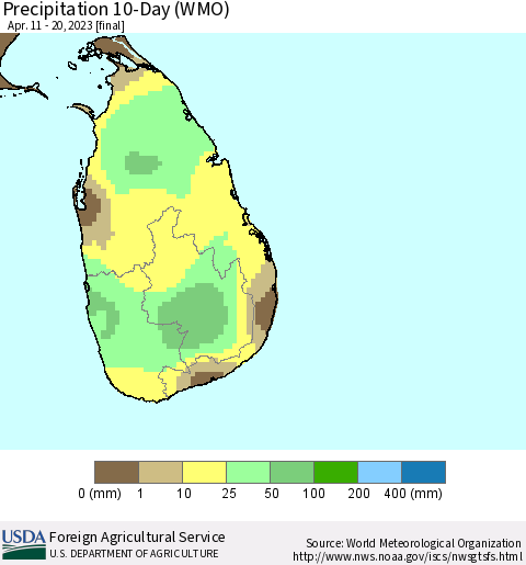 Sri Lanka Precipitation 10-Day (WMO) Thematic Map For 4/11/2023 - 4/20/2023