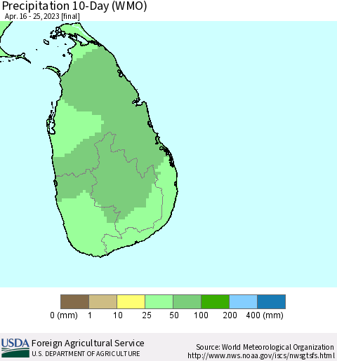 Sri Lanka Precipitation 10-Day (WMO) Thematic Map For 4/16/2023 - 4/25/2023