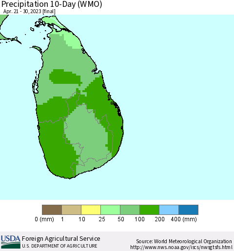 Sri Lanka Precipitation 10-Day (WMO) Thematic Map For 4/21/2023 - 4/30/2023