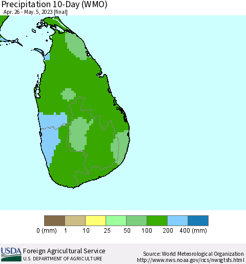 Sri Lanka Precipitation 10-Day (WMO) Thematic Map For 4/26/2023 - 5/5/2023
