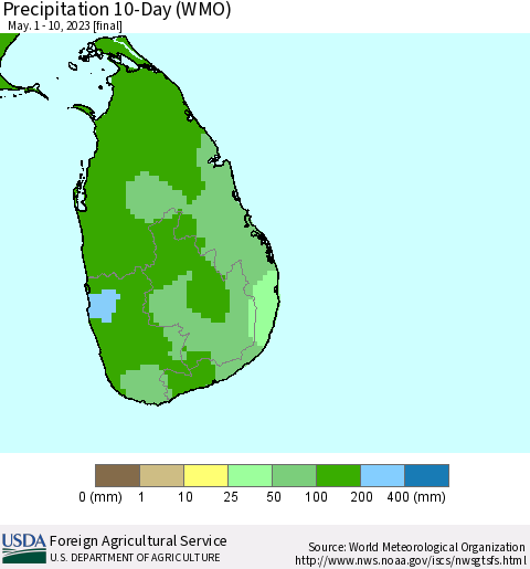 Sri Lanka Precipitation 10-Day (WMO) Thematic Map For 5/1/2023 - 5/10/2023