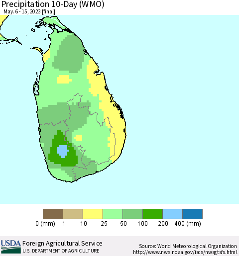 Sri Lanka Precipitation 10-Day (WMO) Thematic Map For 5/6/2023 - 5/15/2023