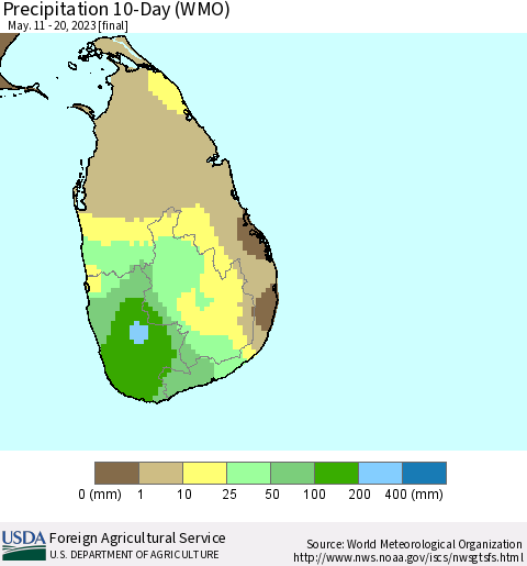 Sri Lanka Precipitation 10-Day (WMO) Thematic Map For 5/11/2023 - 5/20/2023