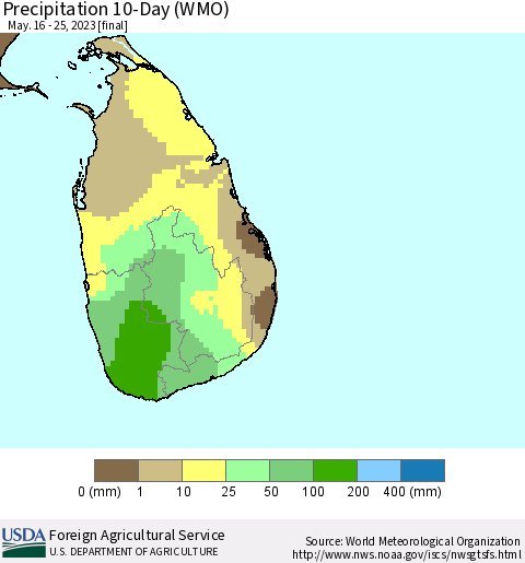 Sri Lanka Precipitation 10-Day (WMO) Thematic Map For 5/16/2023 - 5/25/2023