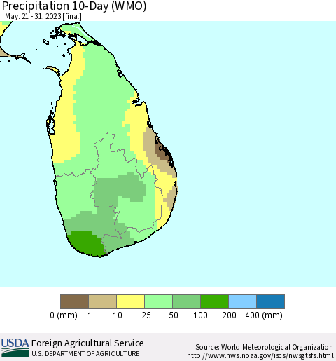 Sri Lanka Precipitation 10-Day (WMO) Thematic Map For 5/21/2023 - 5/31/2023