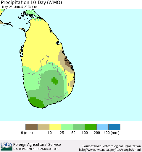Sri Lanka Precipitation 10-Day (WMO) Thematic Map For 5/26/2023 - 6/5/2023