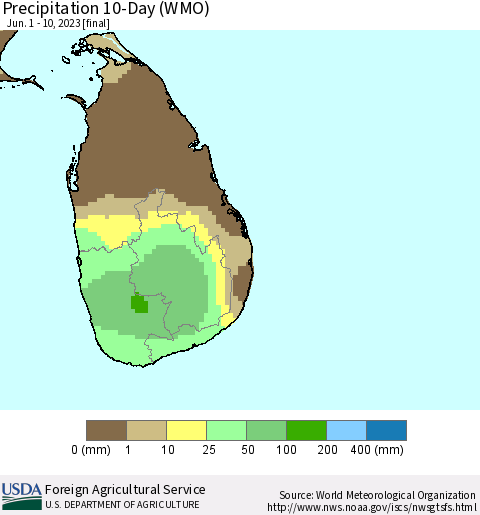 Sri Lanka Precipitation 10-Day (WMO) Thematic Map For 6/1/2023 - 6/10/2023