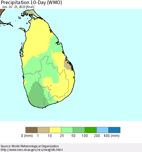 Sri Lanka Precipitation 10-Day (WMO) Thematic Map For 6/16/2023 - 6/25/2023