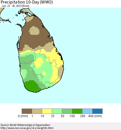 Sri Lanka Precipitation 10-Day (WMO) Thematic Map For 6/21/2023 - 6/30/2023