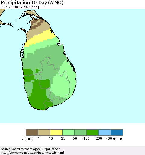 Sri Lanka Precipitation 10-Day (WMO) Thematic Map For 6/26/2023 - 7/5/2023