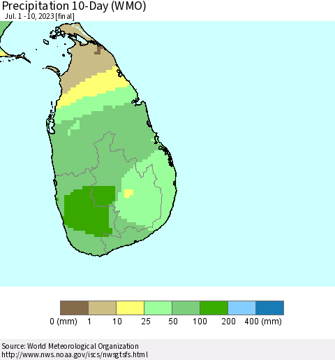 Sri Lanka Precipitation 10-Day (WMO) Thematic Map For 7/1/2023 - 7/10/2023