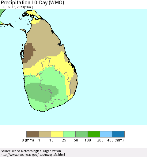 Sri Lanka Precipitation 10-Day (WMO) Thematic Map For 7/6/2023 - 7/15/2023