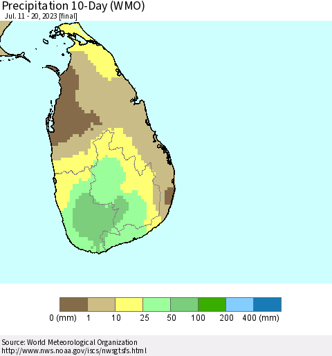 Sri Lanka Precipitation 10-Day (WMO) Thematic Map For 7/11/2023 - 7/20/2023