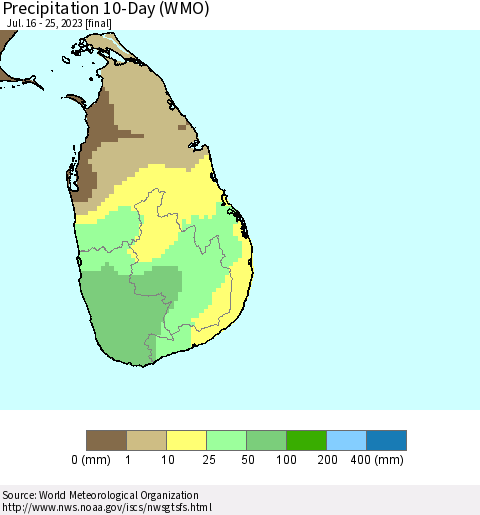 Sri Lanka Precipitation 10-Day (WMO) Thematic Map For 7/16/2023 - 7/25/2023