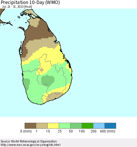 Sri Lanka Precipitation 10-Day (WMO) Thematic Map For 7/21/2023 - 7/31/2023