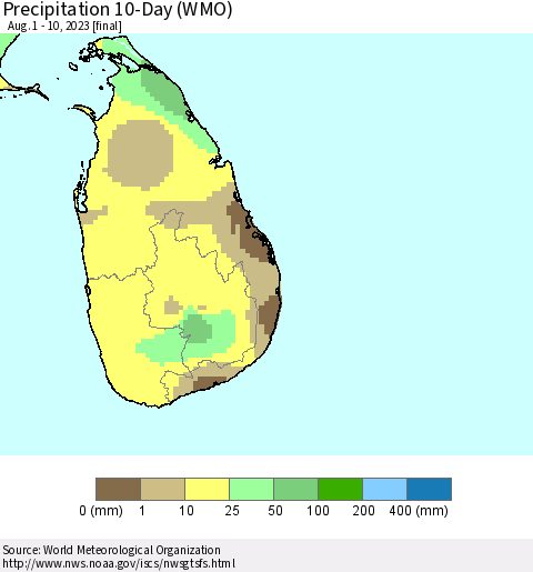 Sri Lanka Precipitation 10-Day (WMO) Thematic Map For 8/1/2023 - 8/10/2023