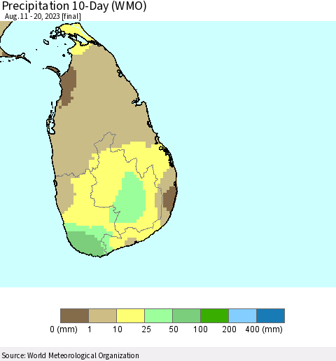 Sri Lanka Precipitation 10-Day (WMO) Thematic Map For 8/11/2023 - 8/20/2023