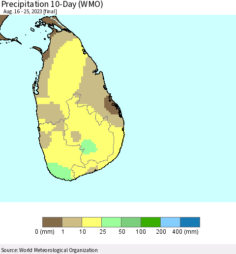 Sri Lanka Precipitation 10-Day (WMO) Thematic Map For 8/16/2023 - 8/25/2023