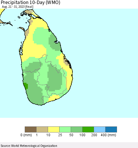 Sri Lanka Precipitation 10-Day (WMO) Thematic Map For 8/21/2023 - 8/31/2023