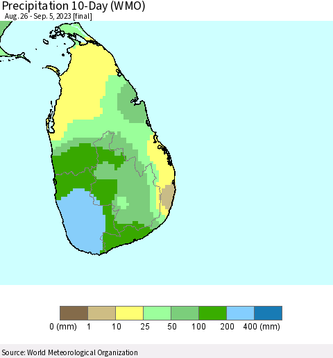 Sri Lanka Precipitation 10-Day (WMO) Thematic Map For 8/26/2023 - 9/5/2023