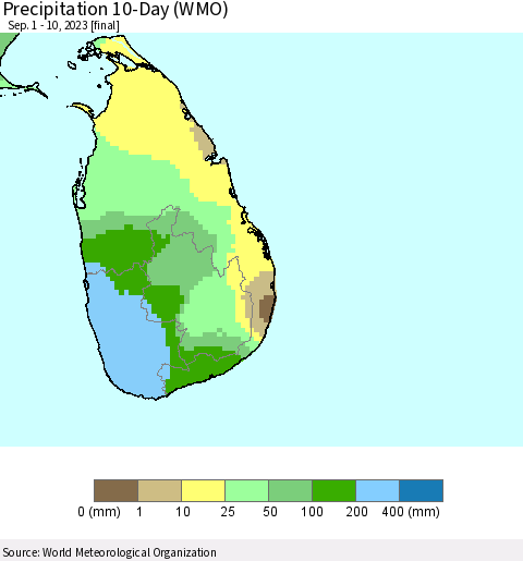 Sri Lanka Precipitation 10-Day (WMO) Thematic Map For 9/1/2023 - 9/10/2023