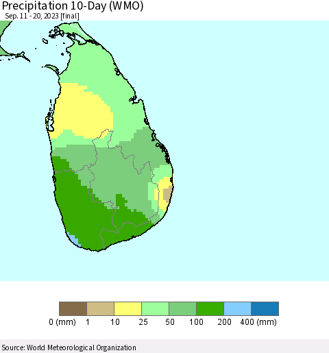 Sri Lanka Precipitation 10-Day (WMO) Thematic Map For 9/11/2023 - 9/20/2023