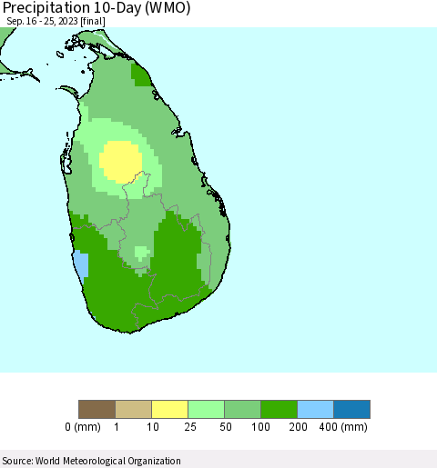 Sri Lanka Precipitation 10-Day (WMO) Thematic Map For 9/16/2023 - 9/25/2023