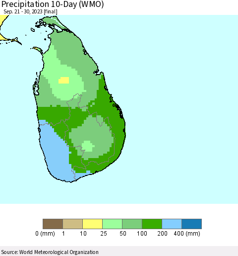 Sri Lanka Precipitation 10-Day (WMO) Thematic Map For 9/21/2023 - 9/30/2023