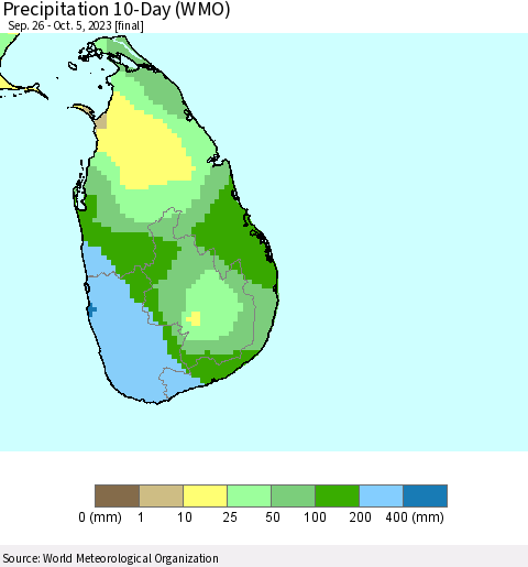 Sri Lanka Precipitation 10-Day (WMO) Thematic Map For 9/26/2023 - 10/5/2023