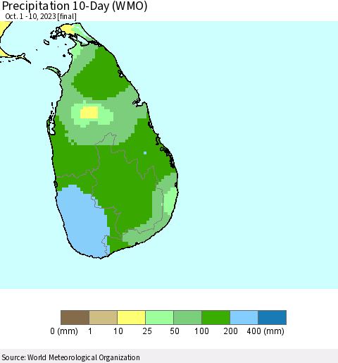 Sri Lanka Precipitation 10-Day (WMO) Thematic Map For 10/1/2023 - 10/10/2023