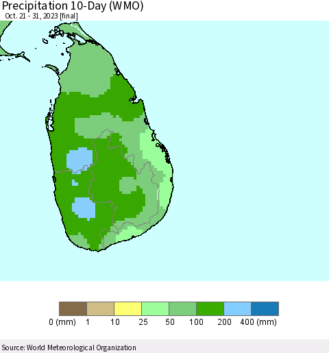 Sri Lanka Precipitation 10-Day (WMO) Thematic Map For 10/21/2023 - 10/31/2023