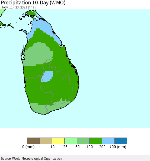 Sri Lanka Precipitation 10-Day (WMO) Thematic Map For 11/11/2023 - 11/20/2023