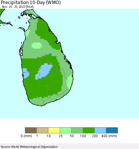 Sri Lanka Precipitation 10-Day (WMO) Thematic Map For 11/16/2023 - 11/25/2023