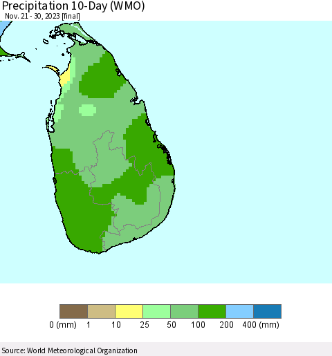 Sri Lanka Precipitation 10-Day (WMO) Thematic Map For 11/21/2023 - 11/30/2023