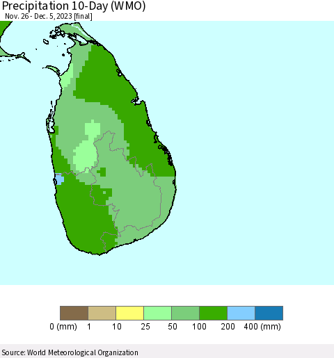 Sri Lanka Precipitation 10-Day (WMO) Thematic Map For 11/26/2023 - 12/5/2023