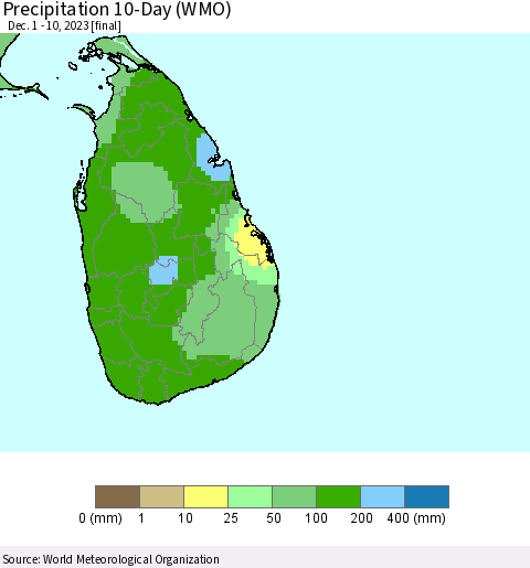 Sri Lanka Precipitation 10-Day (WMO) Thematic Map For 12/1/2023 - 12/10/2023