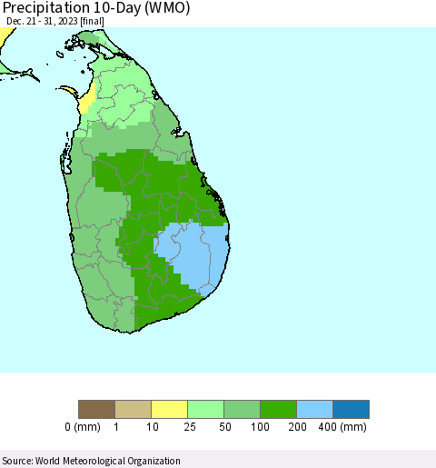 Sri Lanka Precipitation 10-Day (WMO) Thematic Map For 12/21/2023 - 12/31/2023