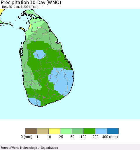 Sri Lanka Precipitation 10-Day (WMO) Thematic Map For 12/26/2023 - 1/5/2024
