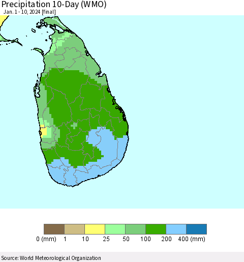 Sri Lanka Precipitation 10-Day (WMO) Thematic Map For 1/1/2024 - 1/10/2024
