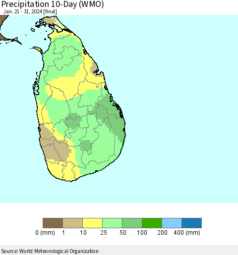 Sri Lanka Precipitation 10-Day (WMO) Thematic Map For 1/21/2024 - 1/31/2024