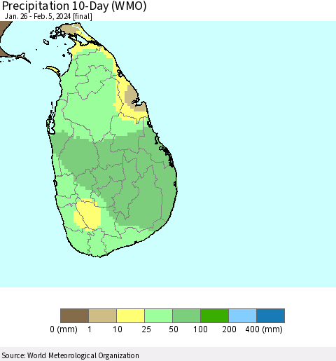 Sri Lanka Precipitation 10-Day (WMO) Thematic Map For 1/26/2024 - 2/5/2024
