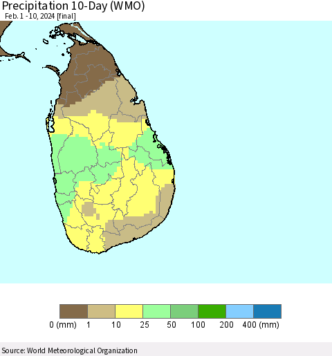 Sri Lanka Precipitation 10-Day (WMO) Thematic Map For 2/1/2024 - 2/10/2024