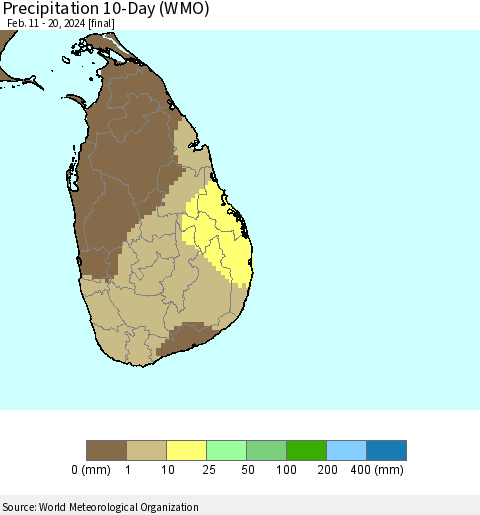 Sri Lanka Precipitation 10-Day (WMO) Thematic Map For 2/11/2024 - 2/20/2024