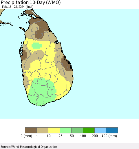 Sri Lanka Precipitation 10-Day (WMO) Thematic Map For 2/16/2024 - 2/25/2024