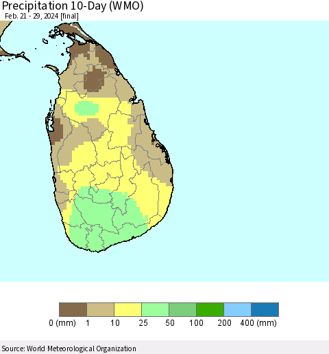 Sri Lanka Precipitation 10-Day (WMO) Thematic Map For 2/21/2024 - 2/29/2024