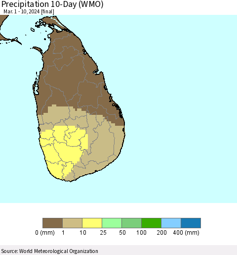 Sri Lanka Precipitation 10-Day (WMO) Thematic Map For 3/1/2024 - 3/10/2024